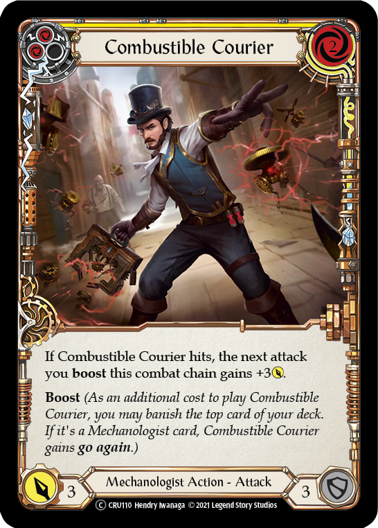 Combustible Courier (Yellow) [U-CRU110-RF] Unlimited Rainbow Foil | Gamers Paradise