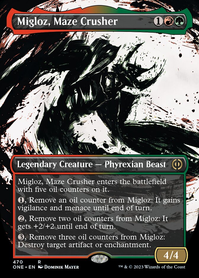 Migloz, Maze Crusher (Borderless Ichor Step-and-Compleat Foil) [Phyrexia: All Will Be One] | Gamers Paradise