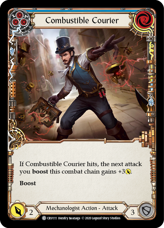 Combustible Courier (Blue) [CRU111] 1st Edition Rainbow Foil | Gamers Paradise